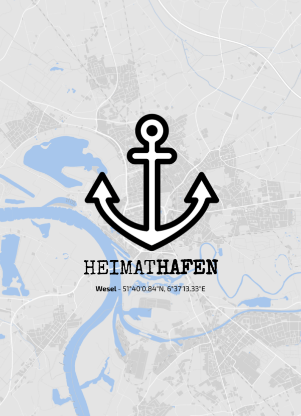 Wandbild "Heimathafen" mit individualisierbarer Adresse und Anker-Illustration, sowie einer Karte und exakten Koordinaten, in diesem Fall Wesel