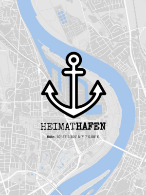 Wandbild "Heimathafen" mit individualisierbarer Adresse und Anker-Illustration, sowie einer Karte und exakten Koordinaten, in diesem Fall Köln