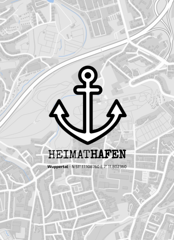 Wandbild "Heimathafen" mit individualisierbarer Adresse und Anker-Illustration, sowie einer Karte und exakten Koordinaten, in diesem Fall Wuppertal