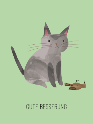 Postkarte mit lustiger Illustration einer Katze und einem toten Vogel
