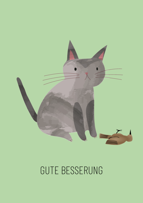 Postkarte mit lustiger Illustration einer Katze und einem toten Vogel